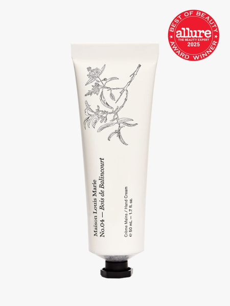 Maison Louis Marie No.04 Bois de Balincourt Hand Cream in branded white tube with black cap on light gray background with red Allure Best of Beauty seal in the top right corner