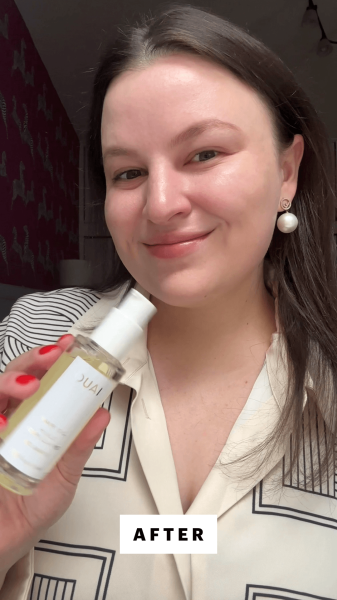 Singh after applying the Ouai Hair Oil